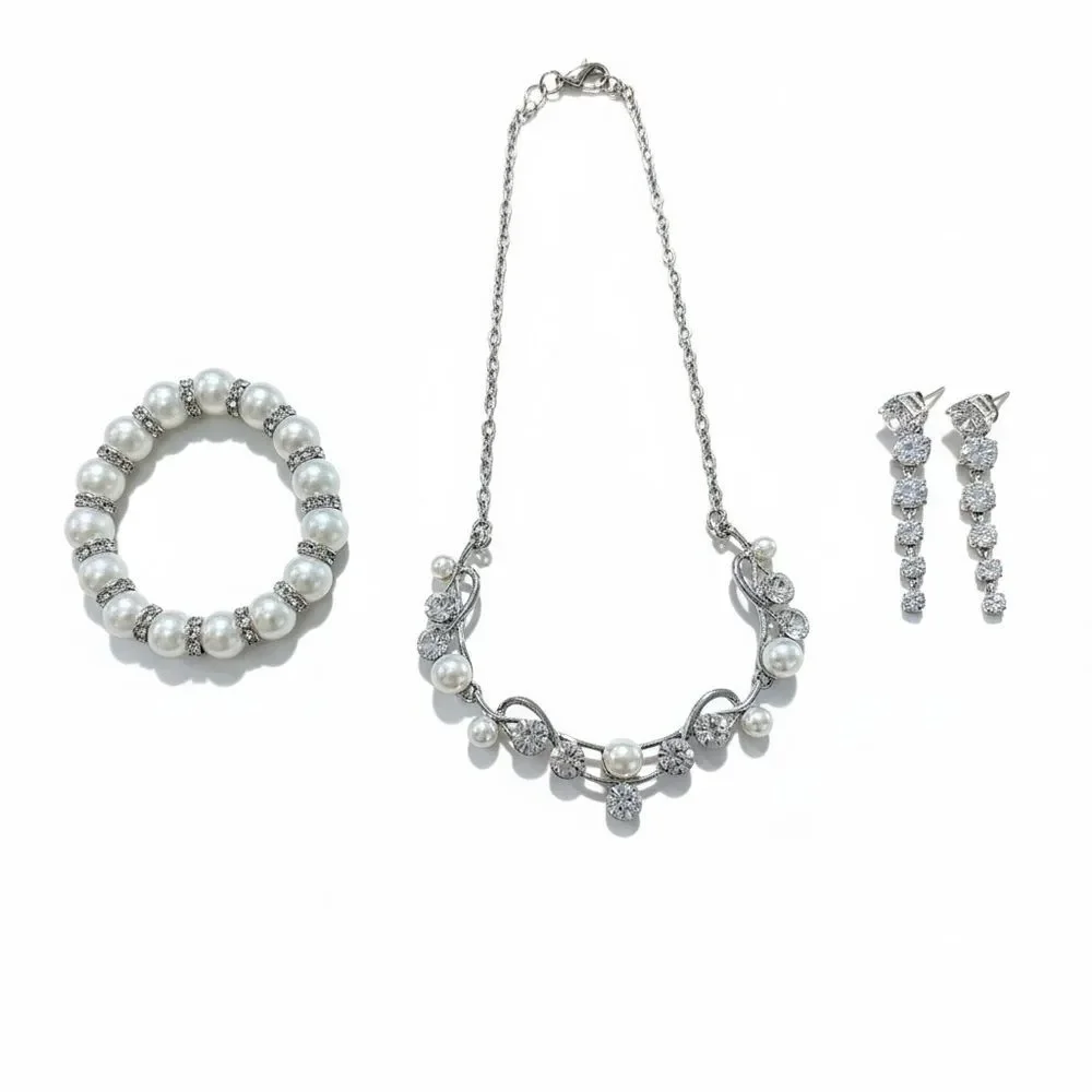 Bridal Pearl Rhinestone Jewelry Set Necklace Earrings Bracelet Wedding Prom